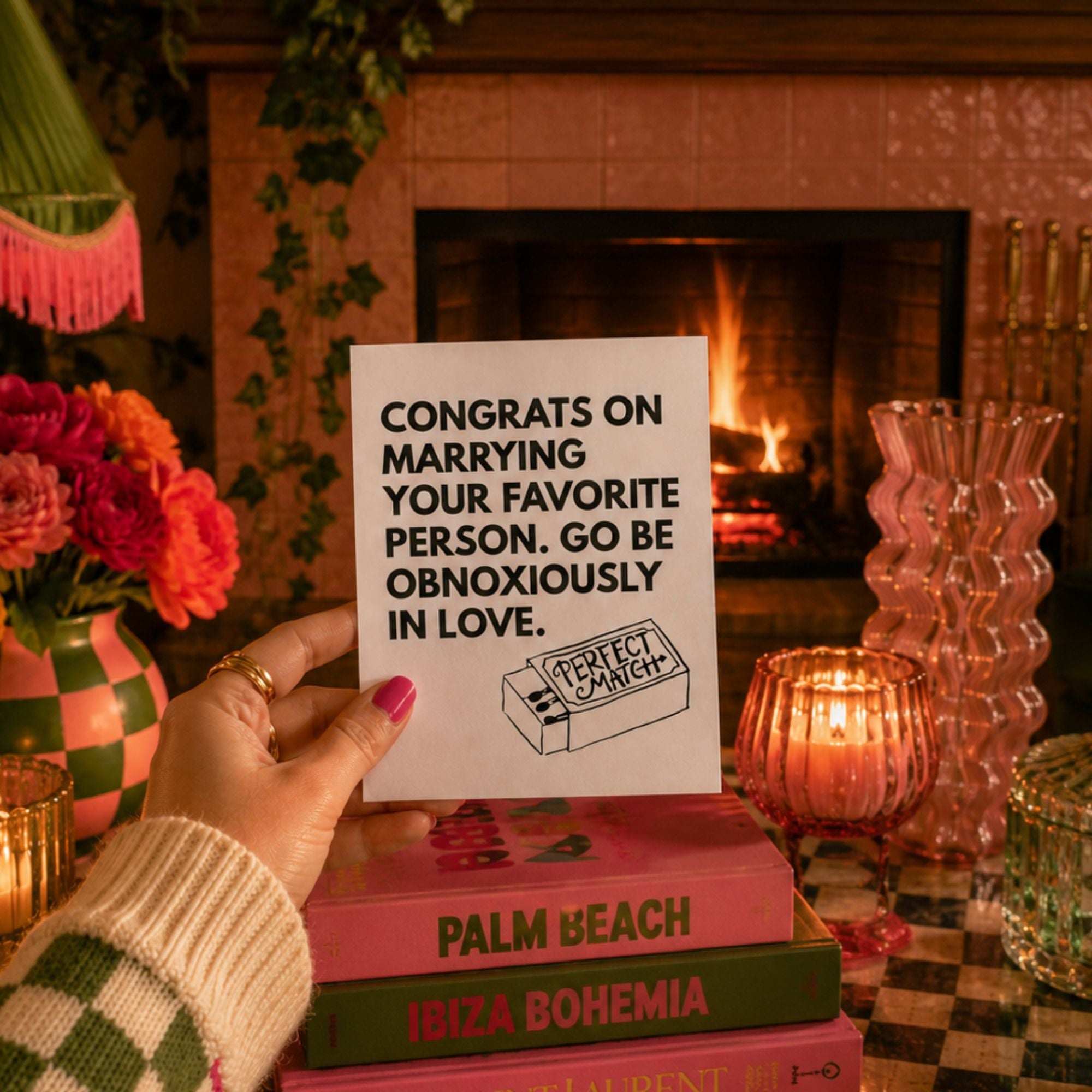 A hand holds a white greeting card with black text reading 'CONGRATS ON MARRYING YOUR FAVORITE PERSON, GO. BE OBNOXYOUSLY IN LOVE.