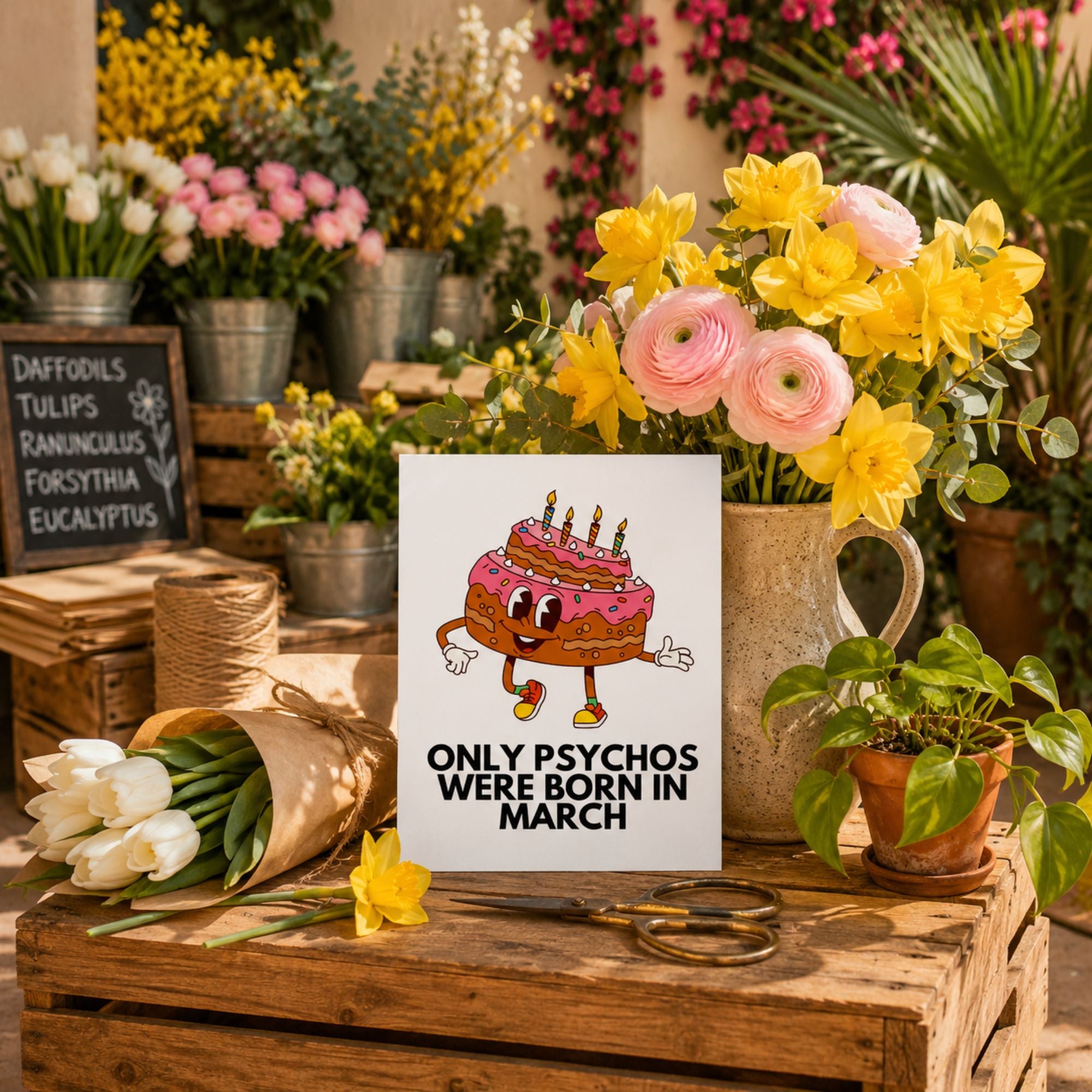 Funny March Birthday Card — Only Psychos Were Born in March A2 Card