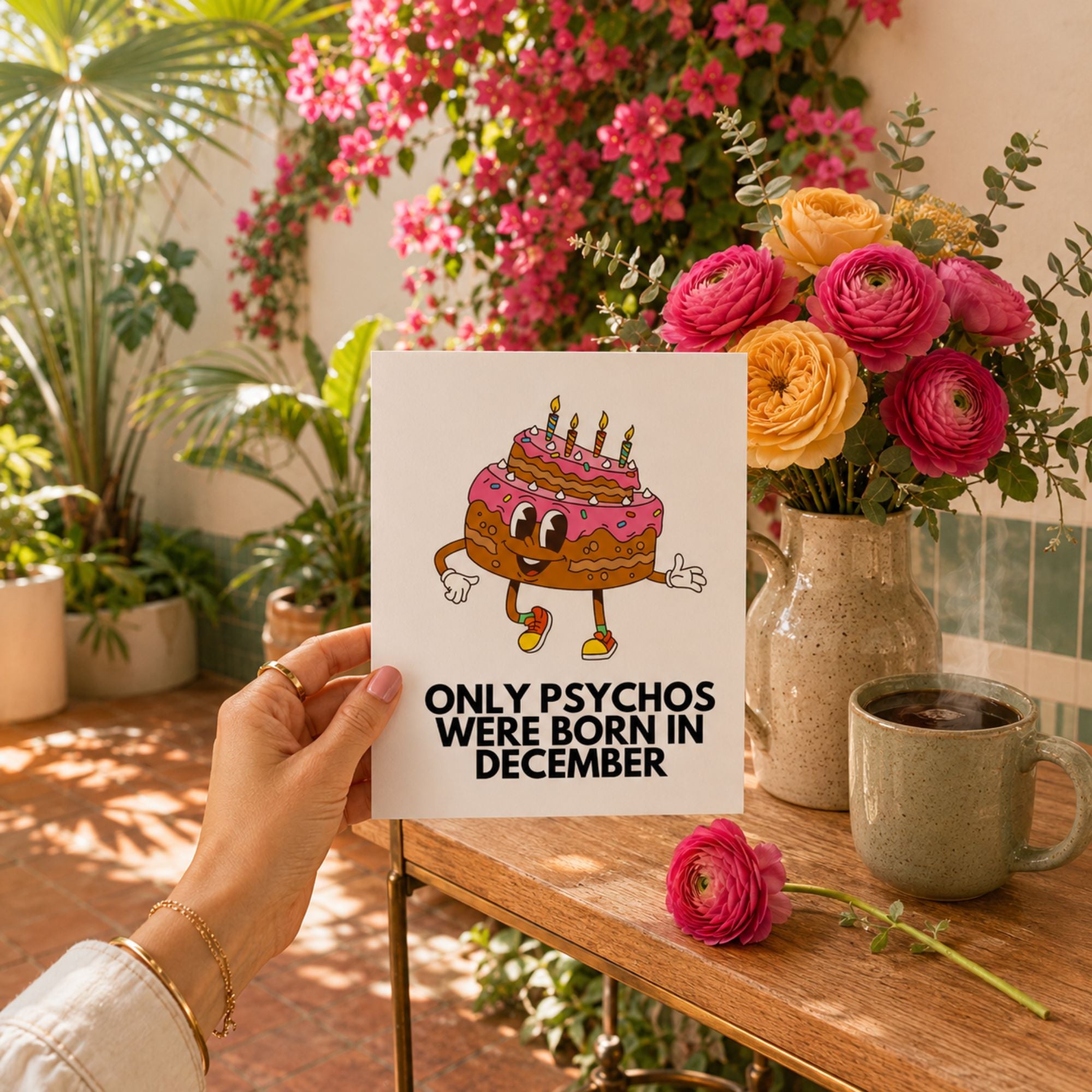 Funny December Birthday Card — Only Psychos Were Born in December A2 Card