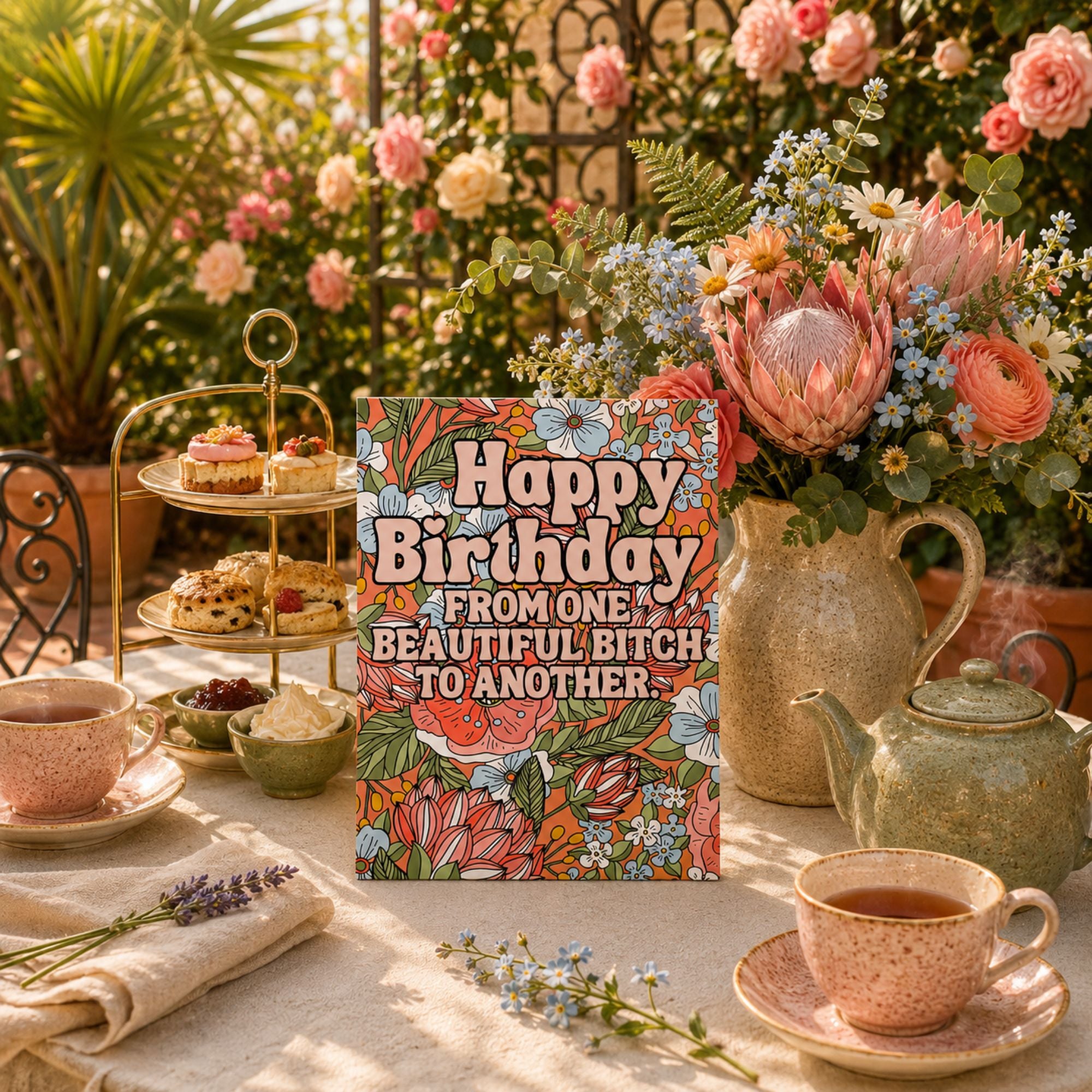 Funny Birthday Card for Best Friend — Beautiful Bitch Floral A2 Card