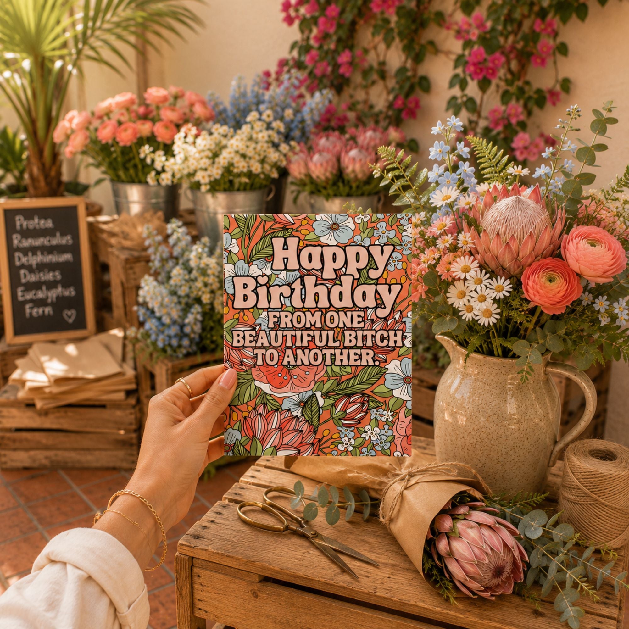 Funny Birthday Card for Best Friend — Beautiful Bitch Floral A2 Card