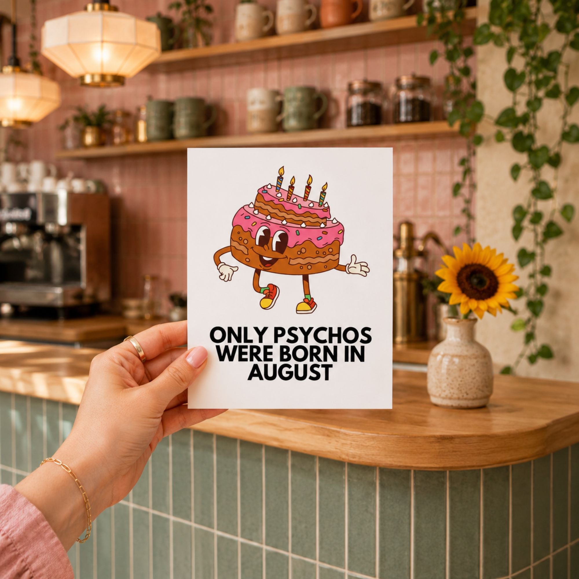 Funny August Birthday Card — Only Psychos Were Born in August A2 Card