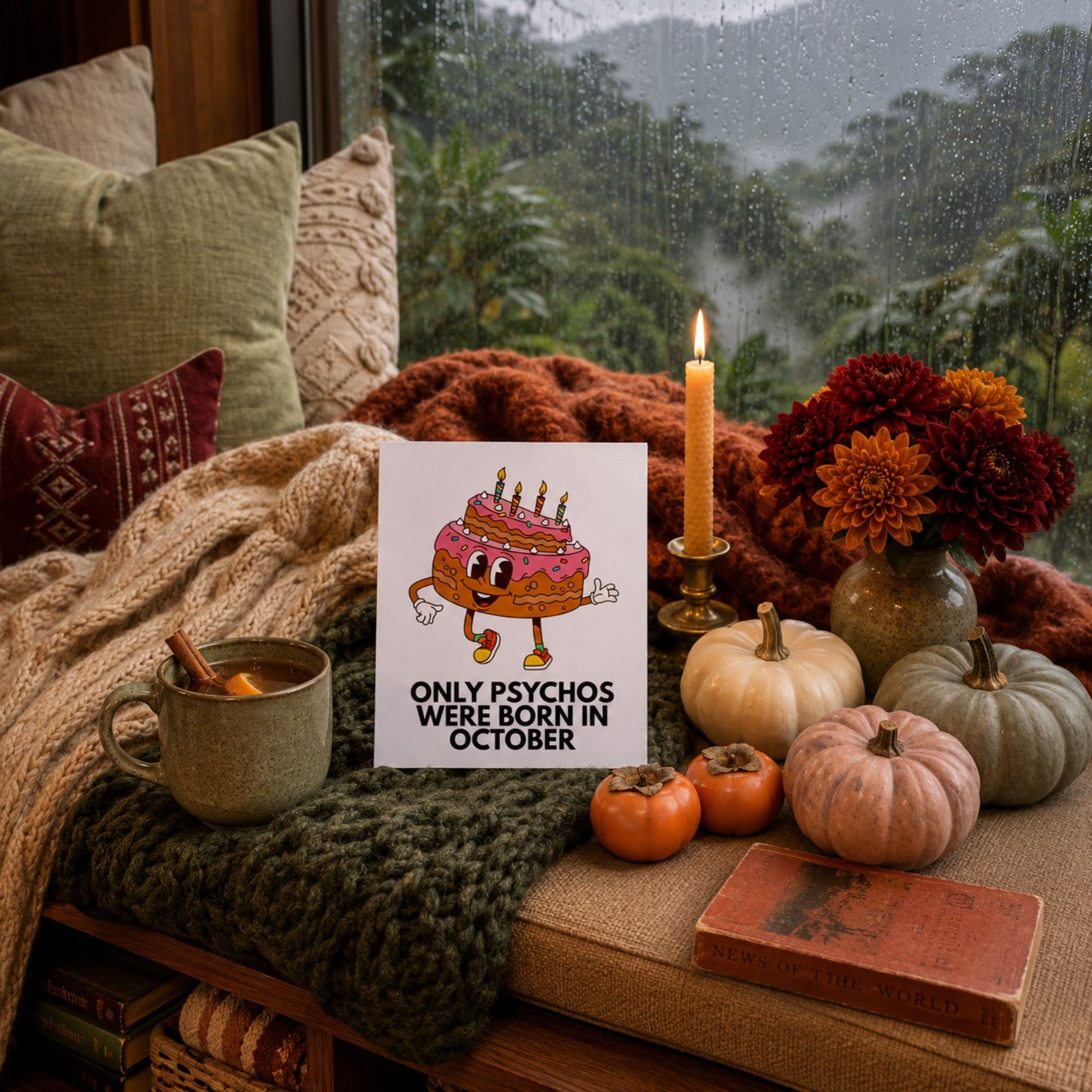 Funny October Birthday Card — Only Psychos Were Born in October A2 Card