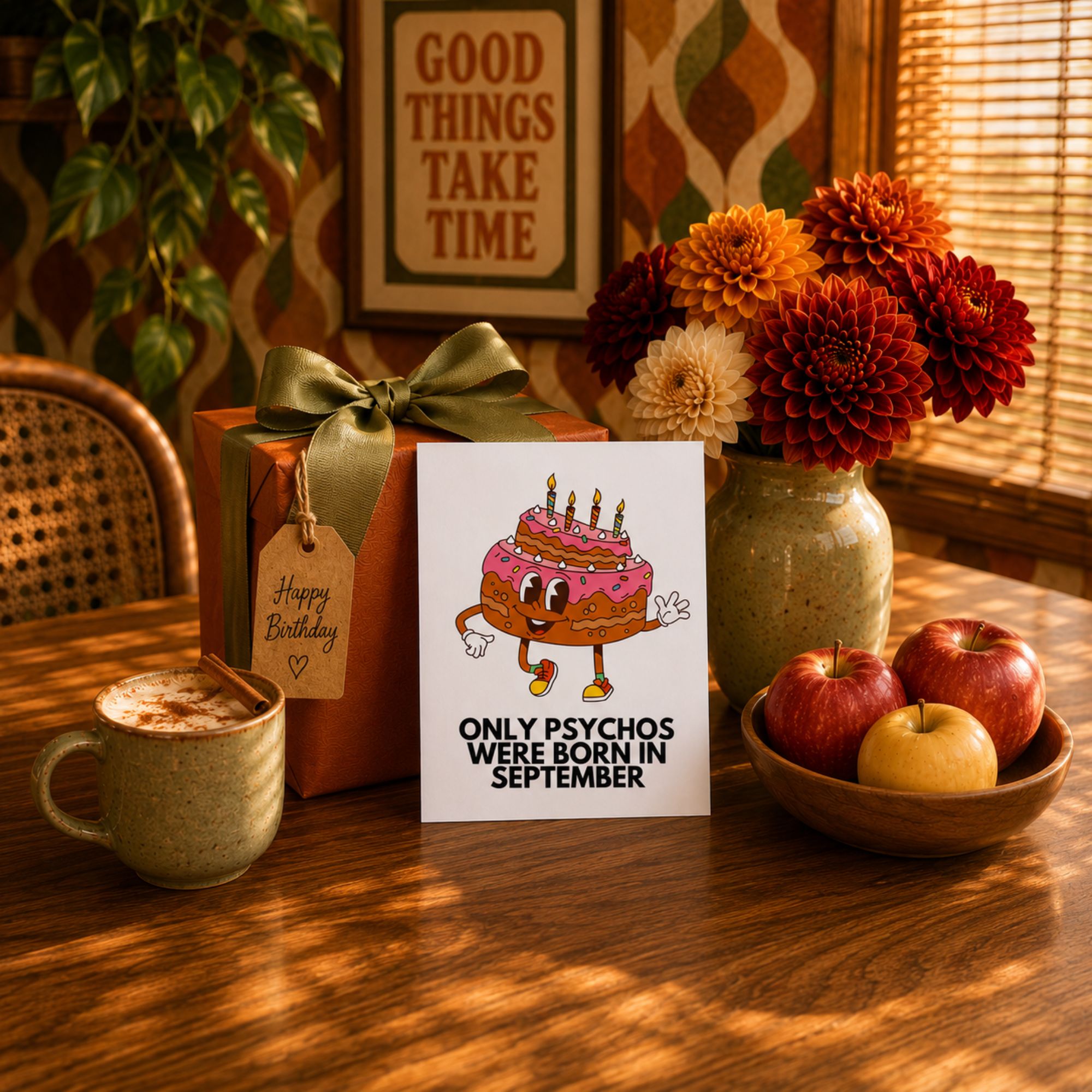 Funny September Birthday Card — Only Psychos Were Born in September A2 Card