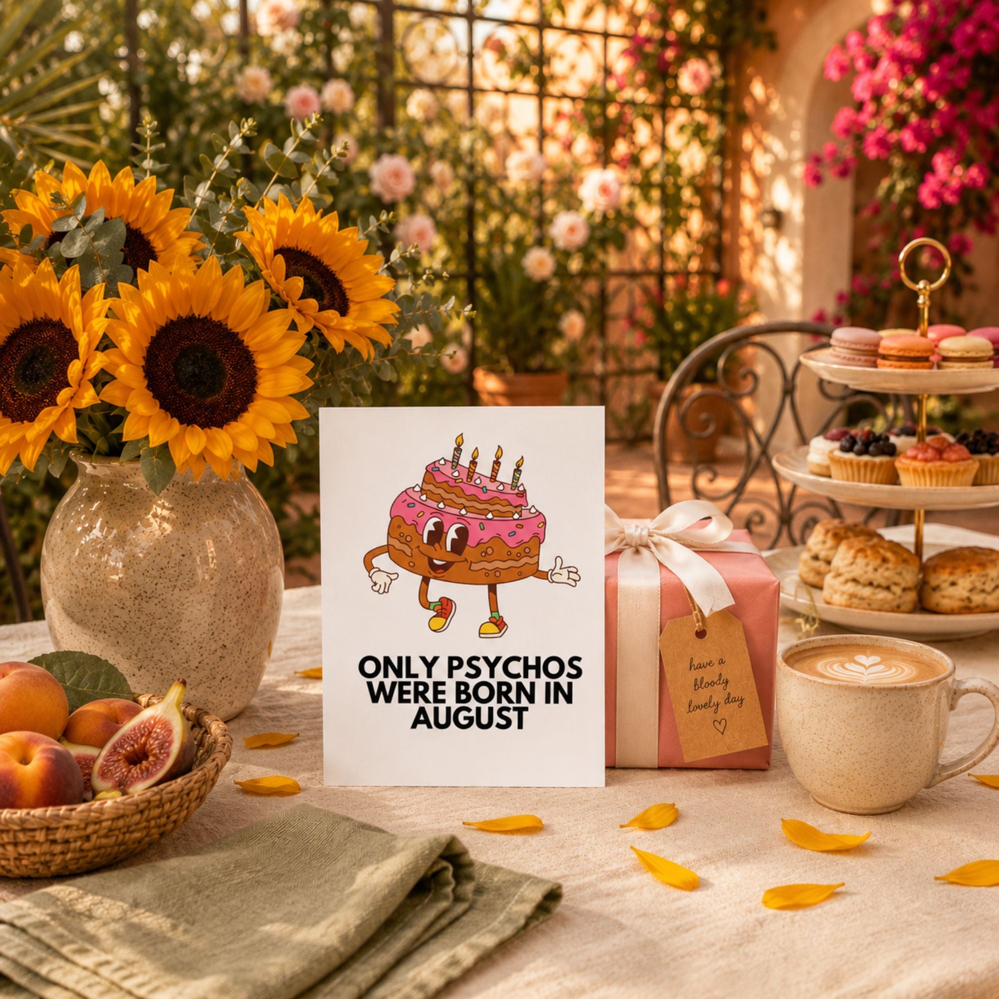 Funny August Birthday Card — Only Psychos Were Born in August A2 Card