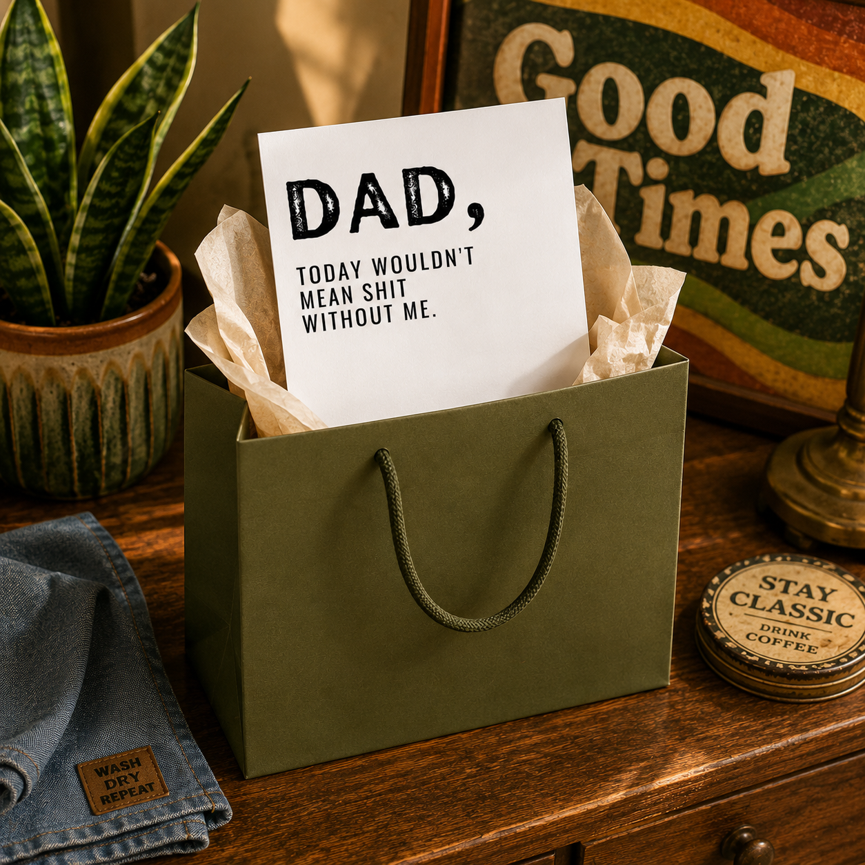 Funny Father's Day Card from Daughter or Son — Dad Today Wouldn't Mean Shit Without Me A2 Card
