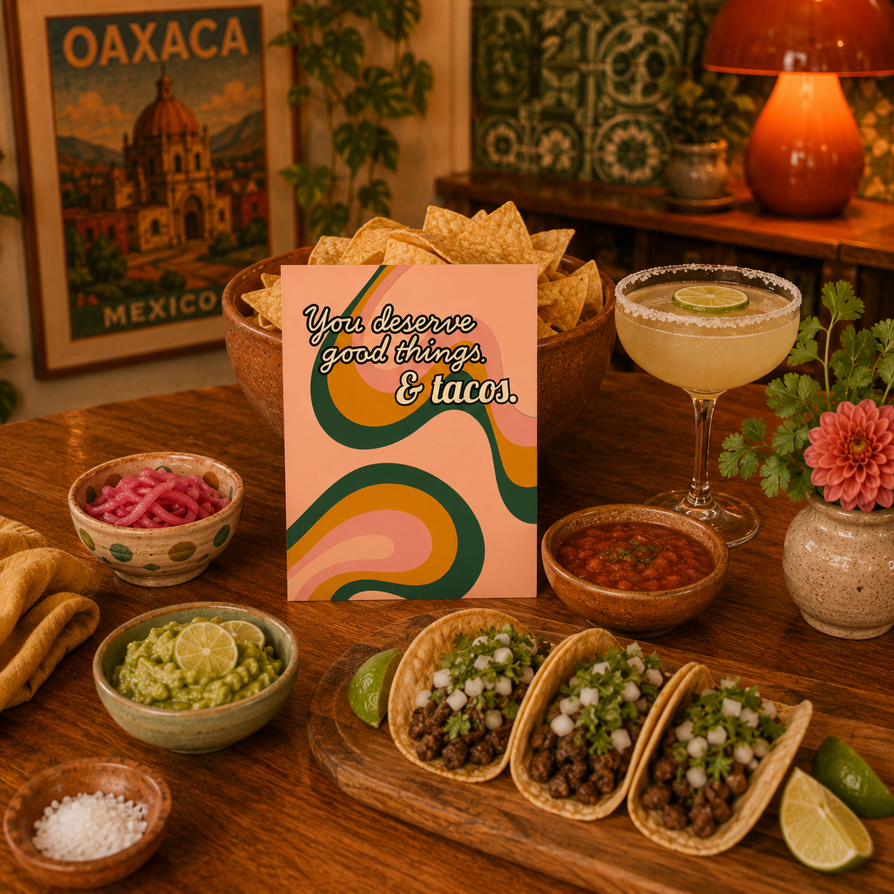 Funny Encouragement Card — You Deserve Good Things and Tacos A2 Card