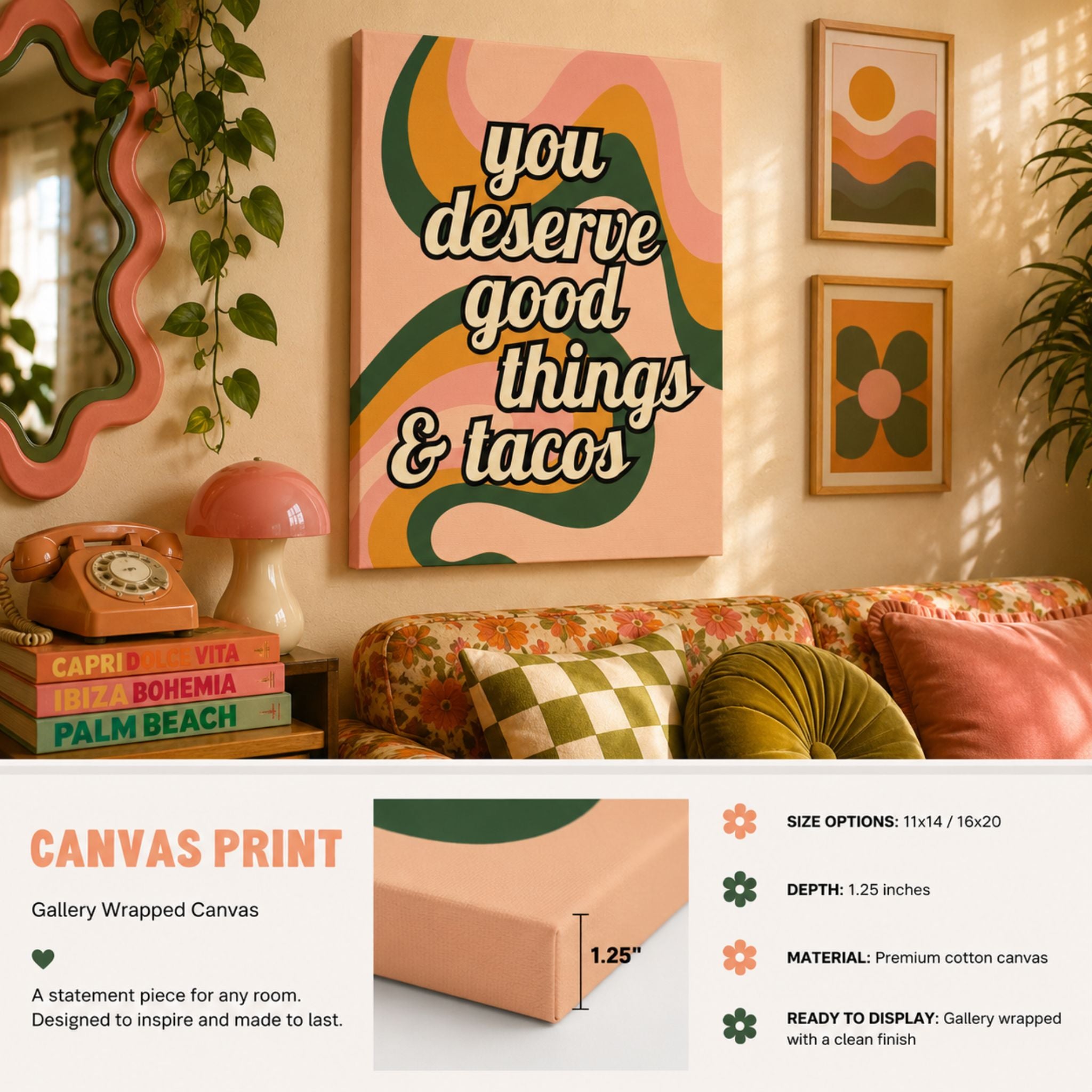 "You Deserve Good Things & Tacos" Retro Typography Canvas Wall Art