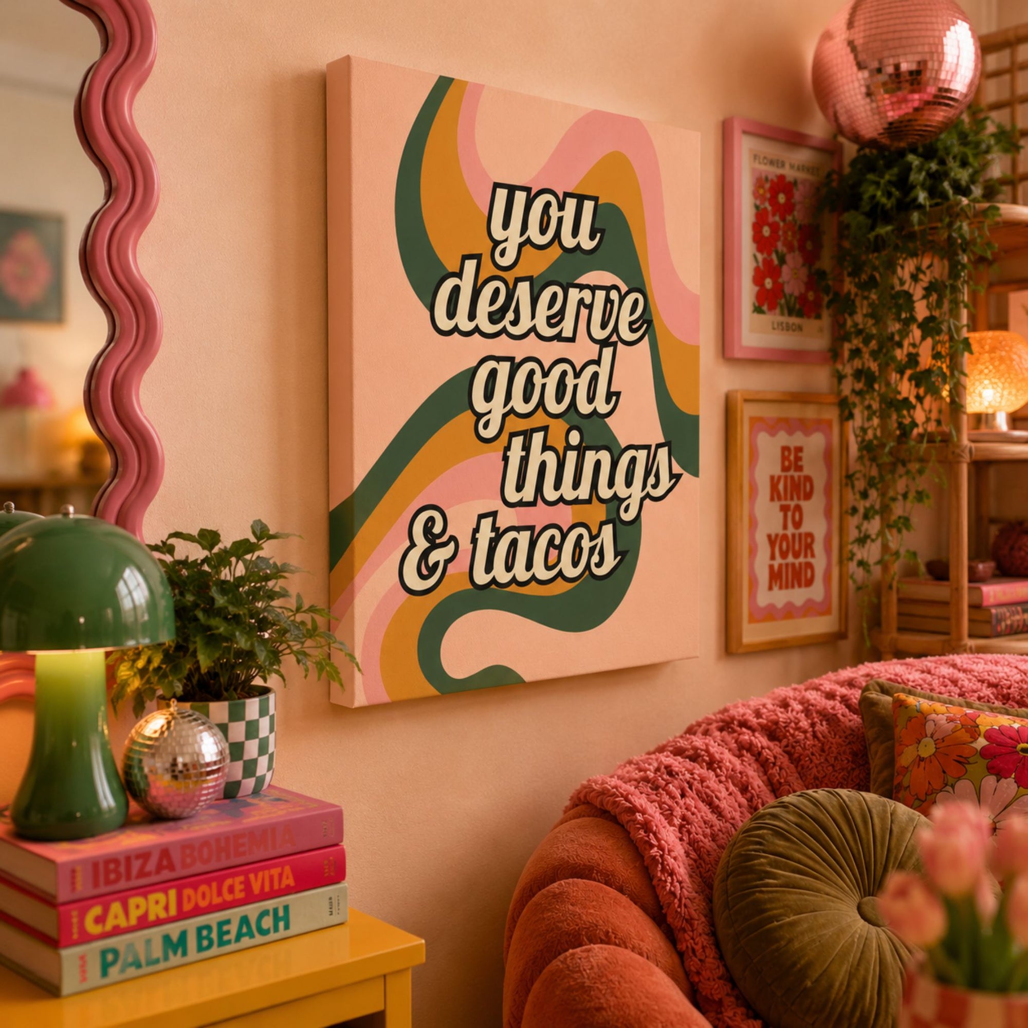 "You Deserve Good Things & Tacos" Retro Typography Canvas Wall Art