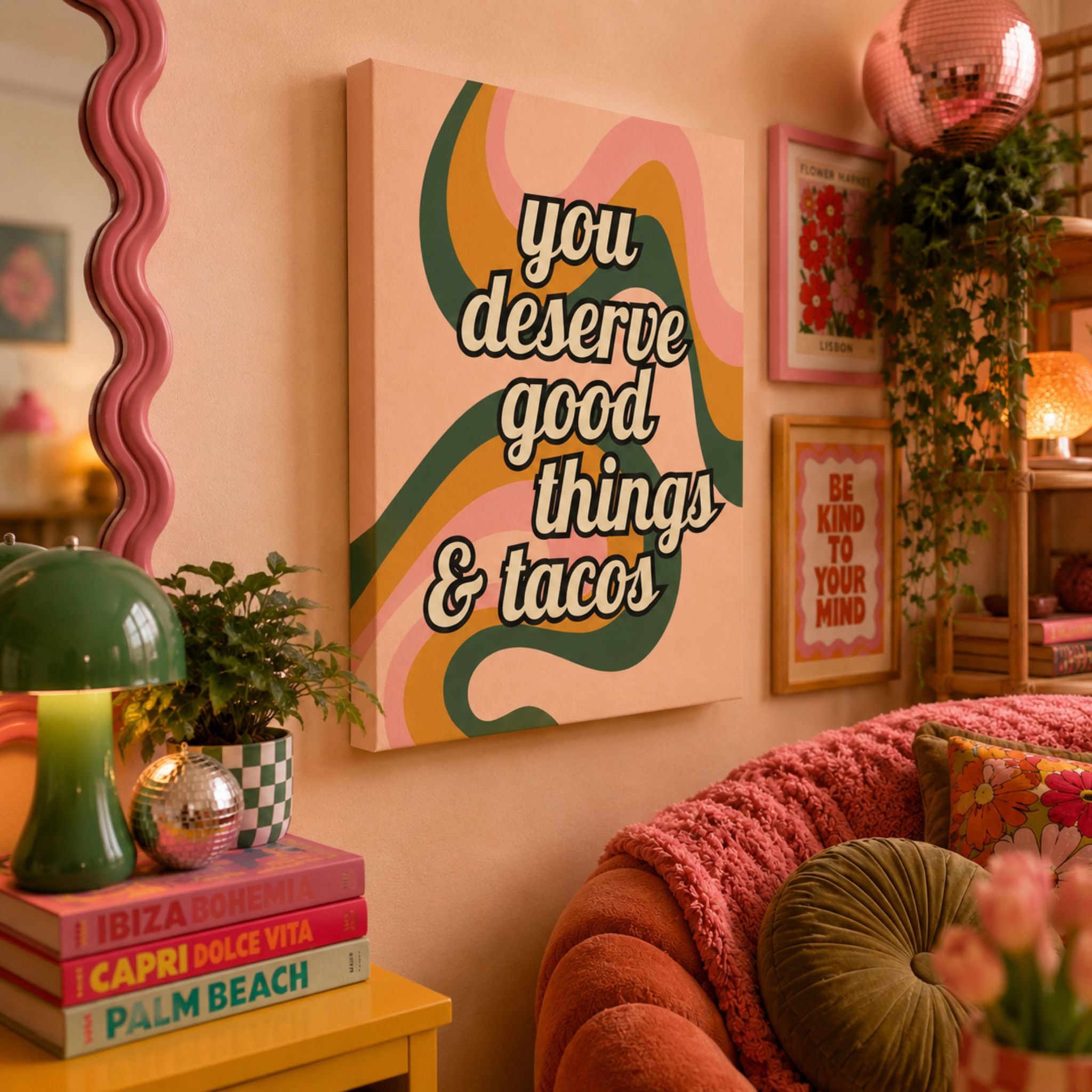 "You Deserve Good Things & Tacos" Retro Typography Canvas Wall Art