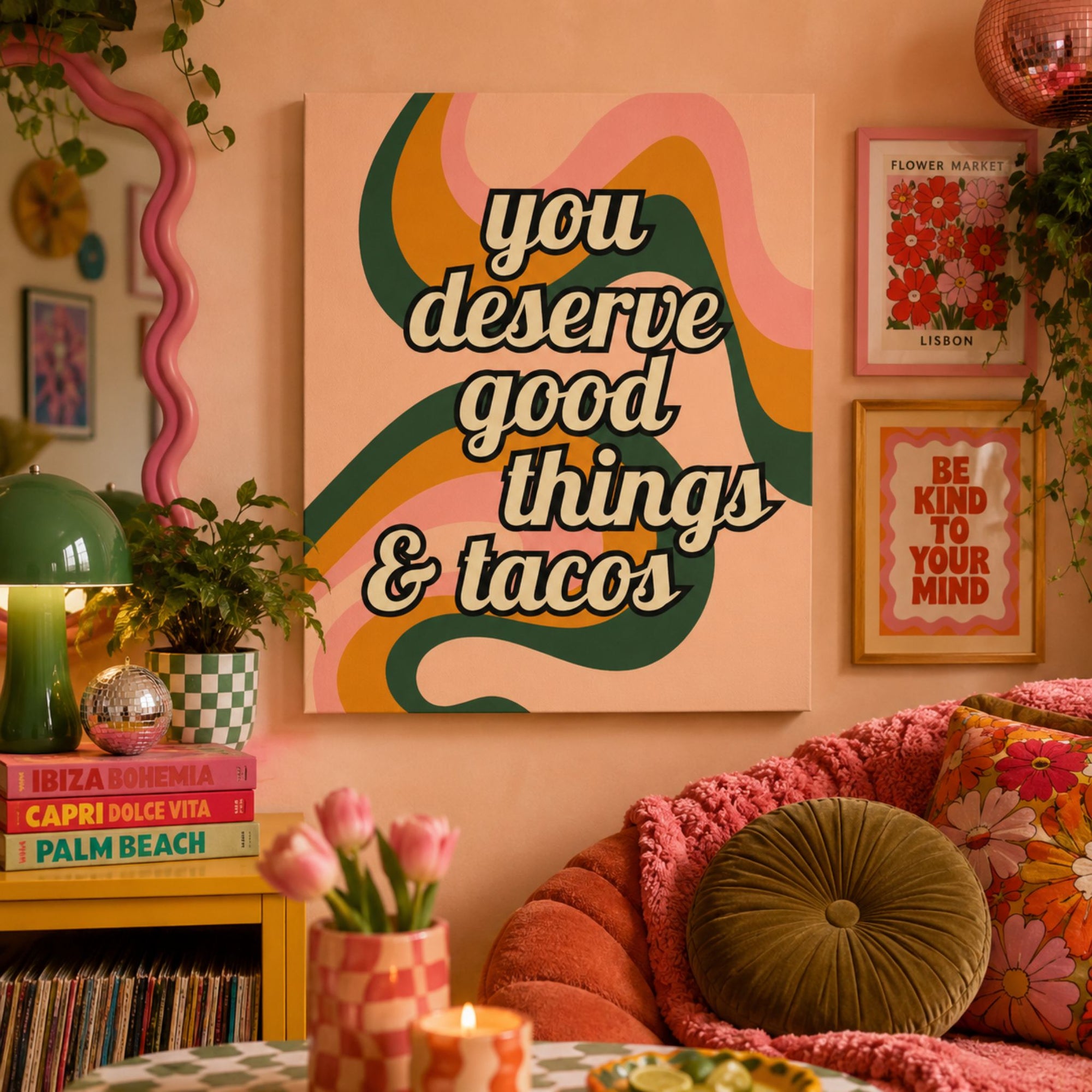 "You Deserve Good Things & Tacos" Retro Typography Canvas Wall Art