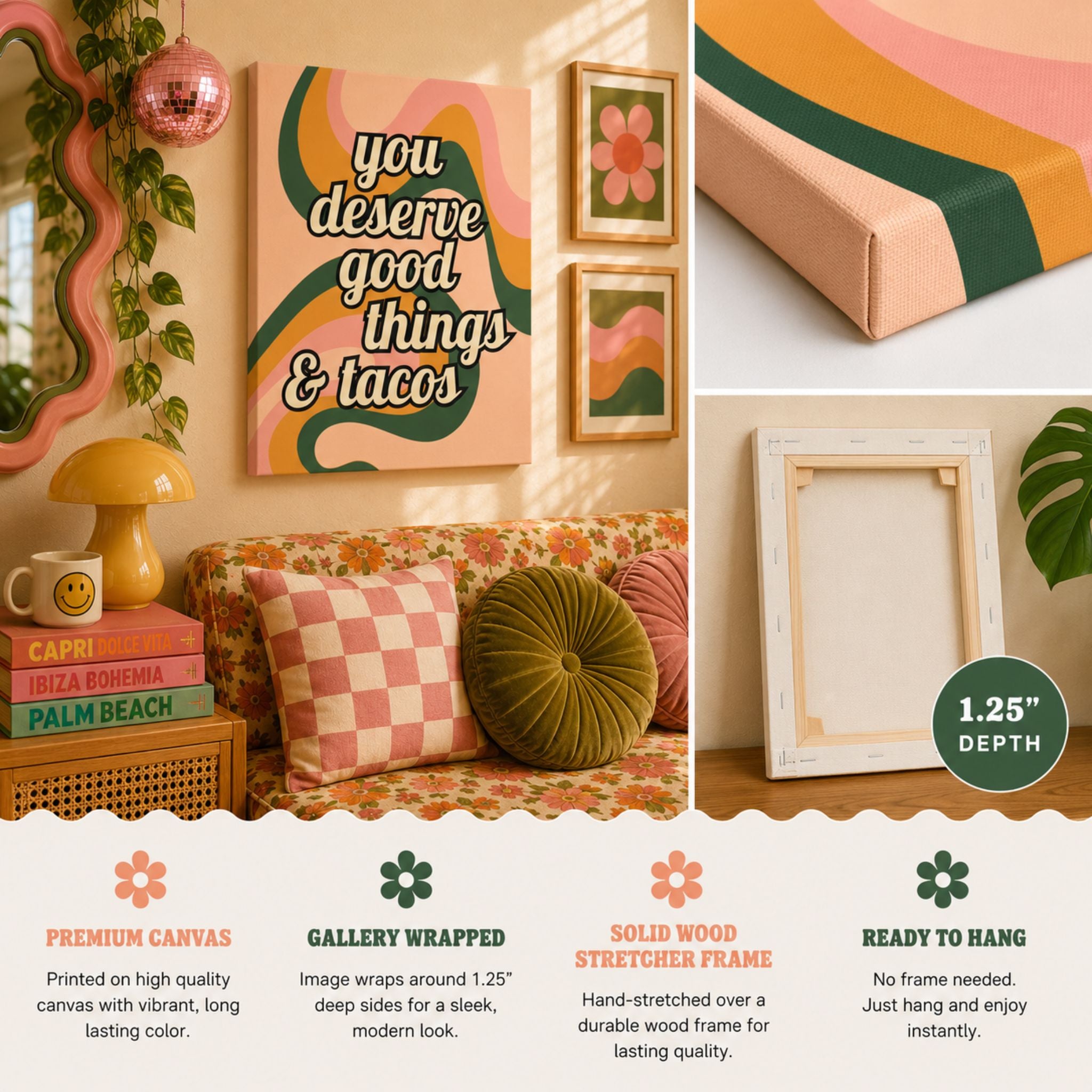 "You Deserve Good Things & Tacos" Retro Typography Canvas Wall Art