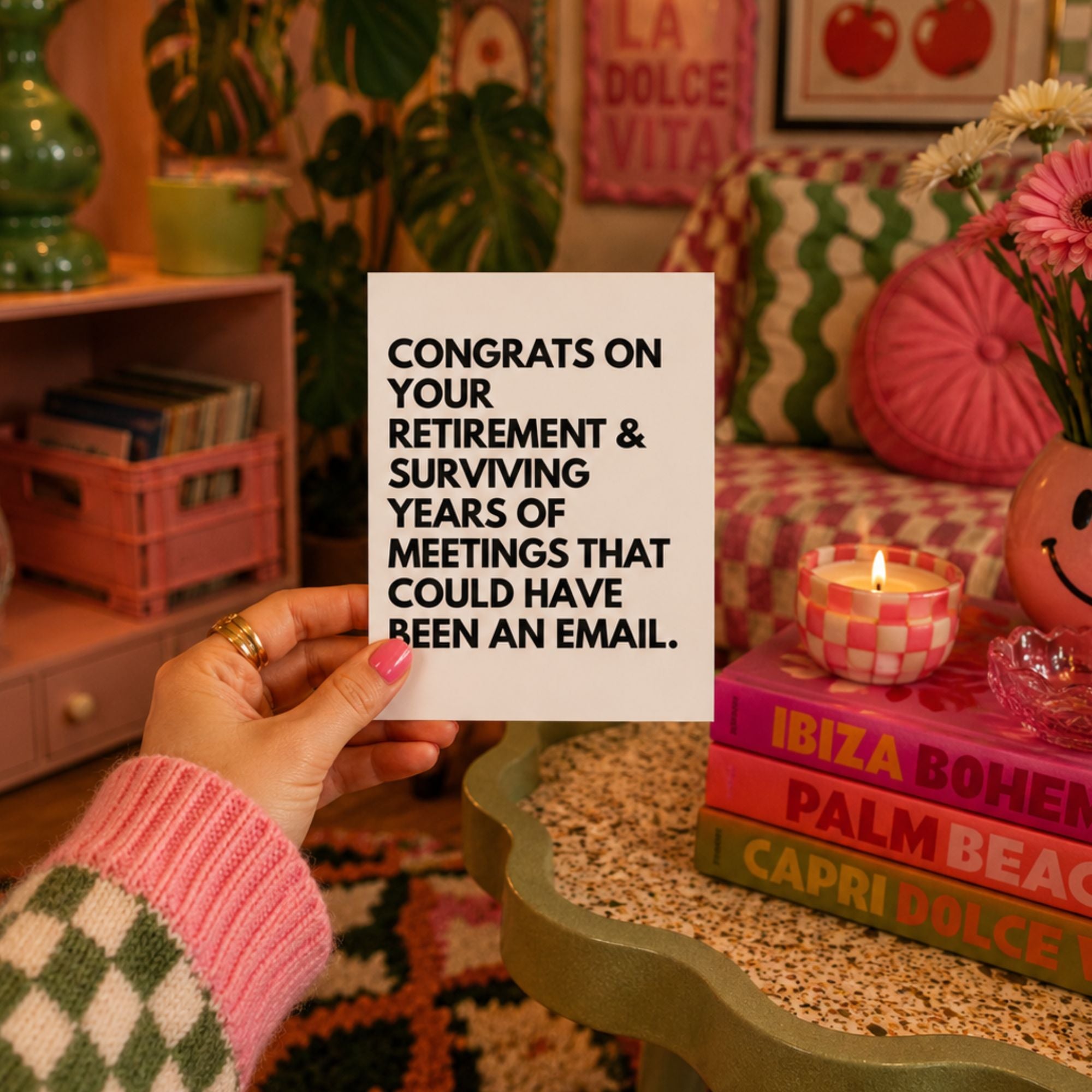Funny retirement greeting card that reads 'congrats on surviving years of meetings that could have been an email.'