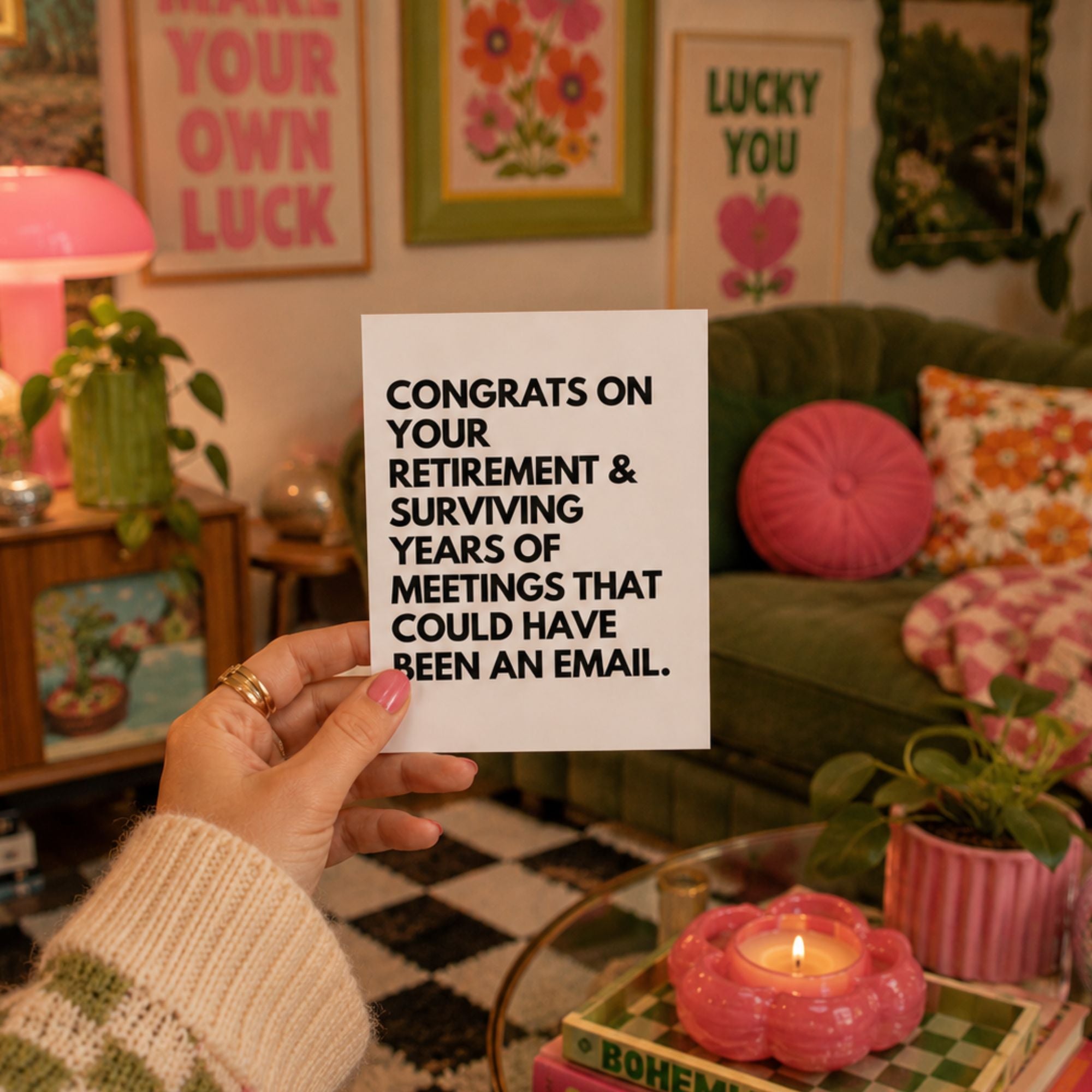 Funny retirement greeting card that reads 'congrats on surviving years of meetings that could have been an email.'
