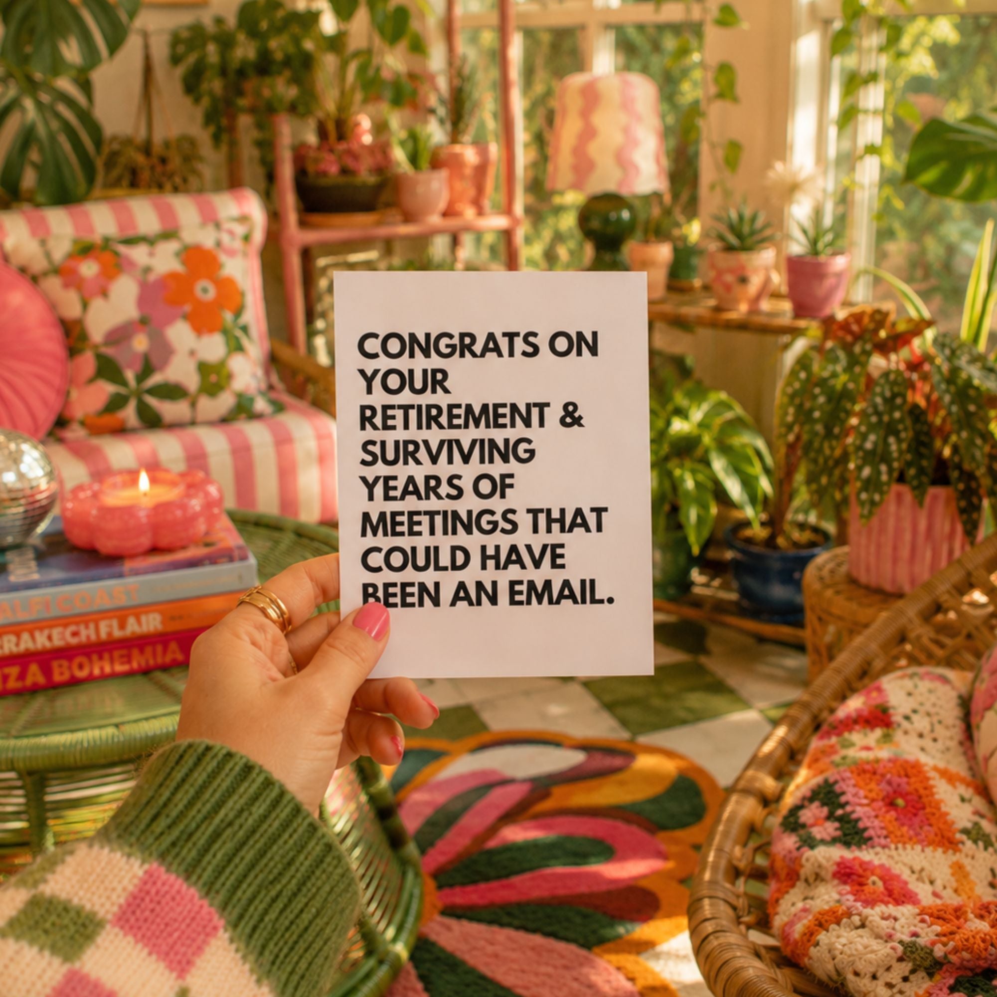 Funny retirement greeting card that reads 'congrats on surviving years of meetings that could have been an email.'