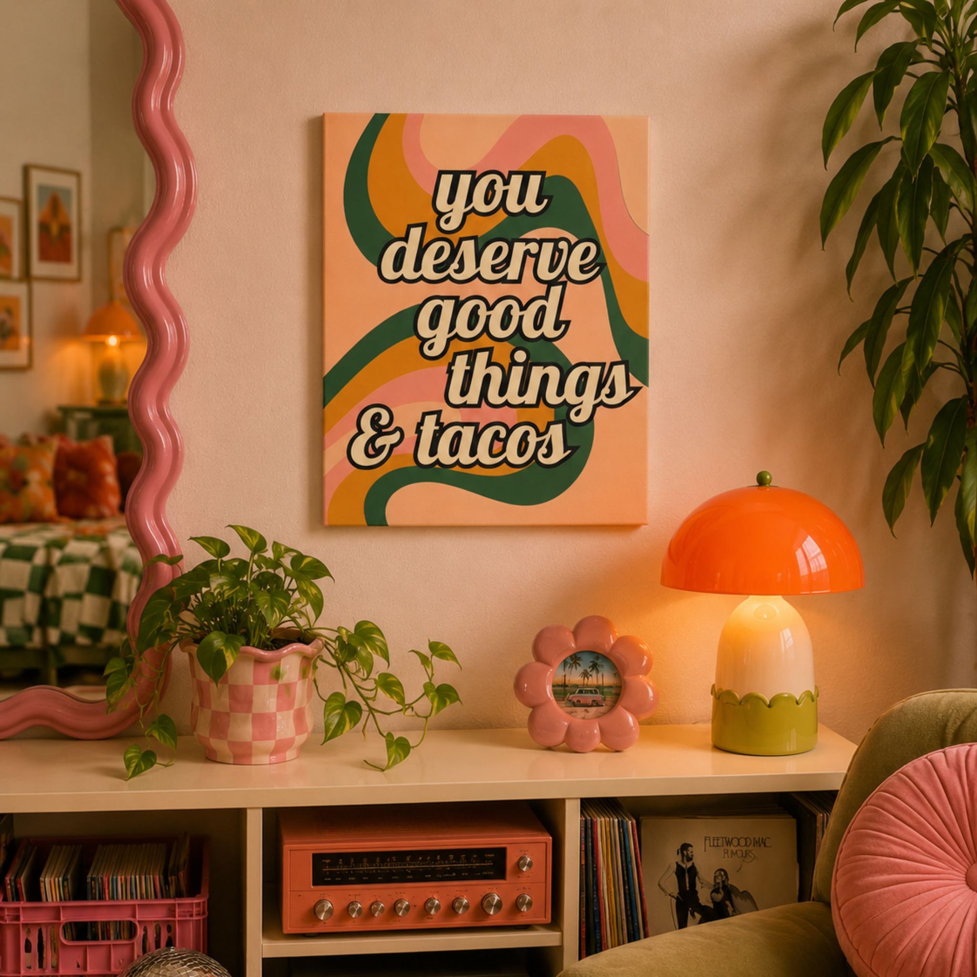"You Deserve Good Things & Tacos" Retro Typography Canvas Wall Art