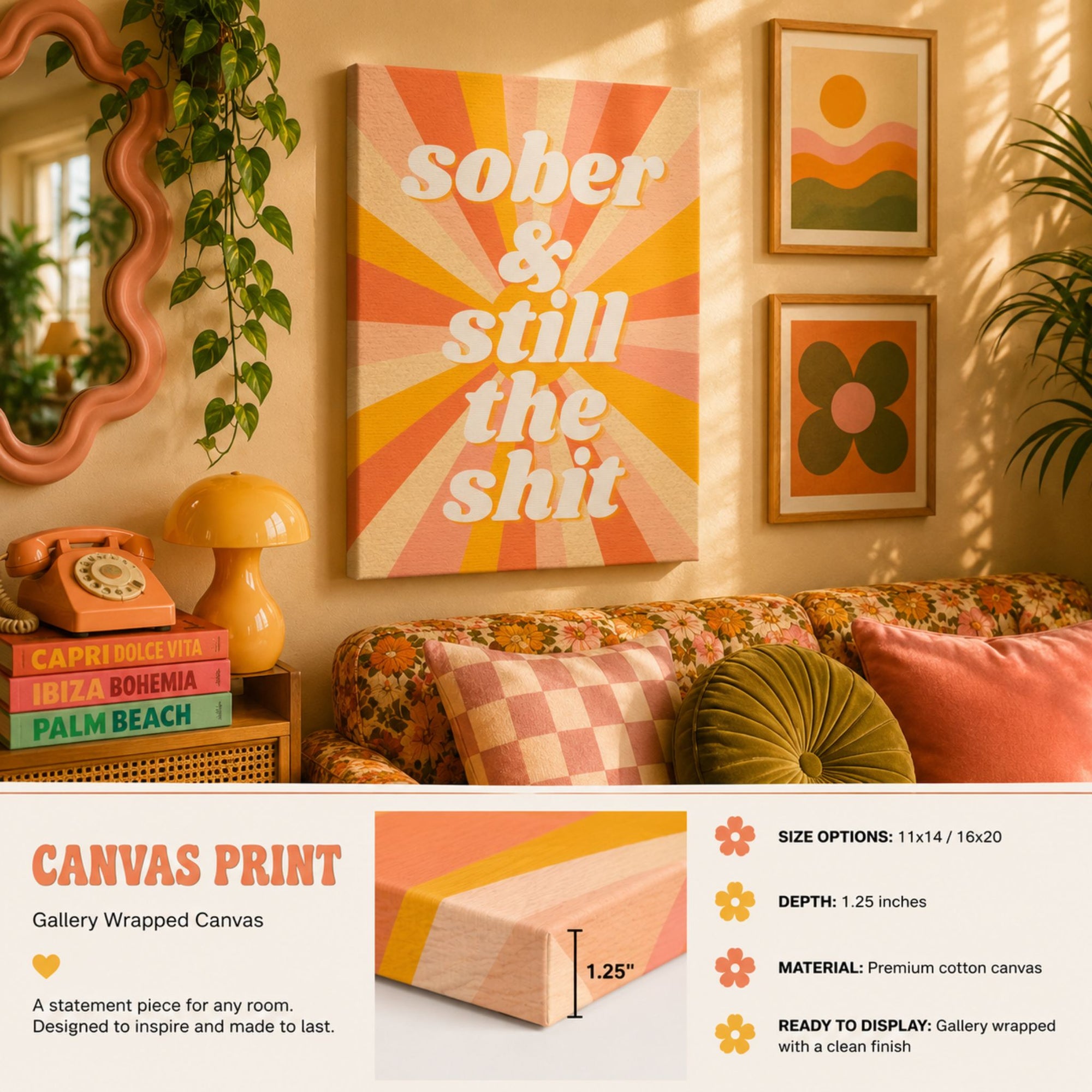 "Sober & Still the Shit" Retro Sunburst Canvas | Funny Sobriety Wall Art