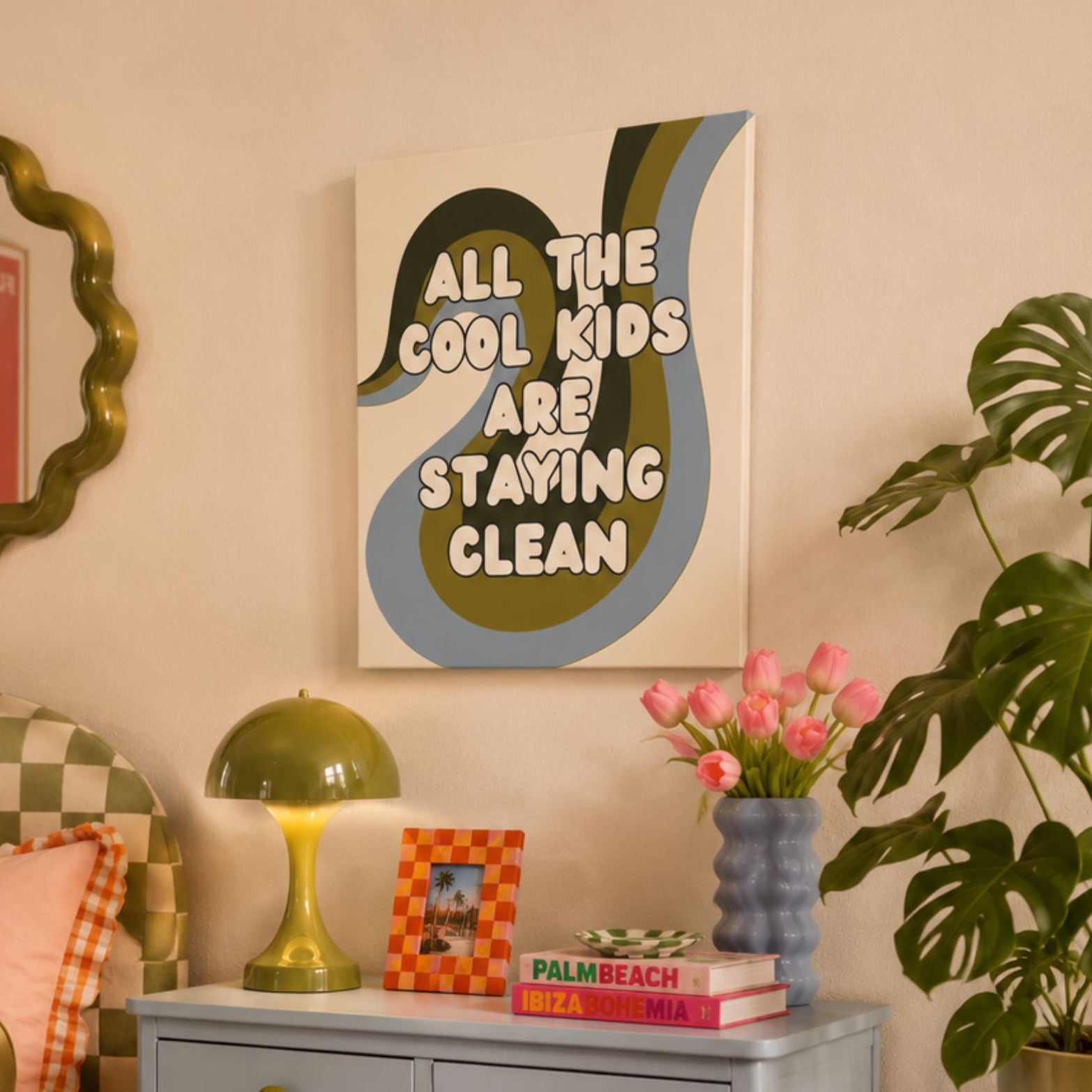 Funny retro recovery canvas wall art that reads 'all the cool kids are staying clean.'