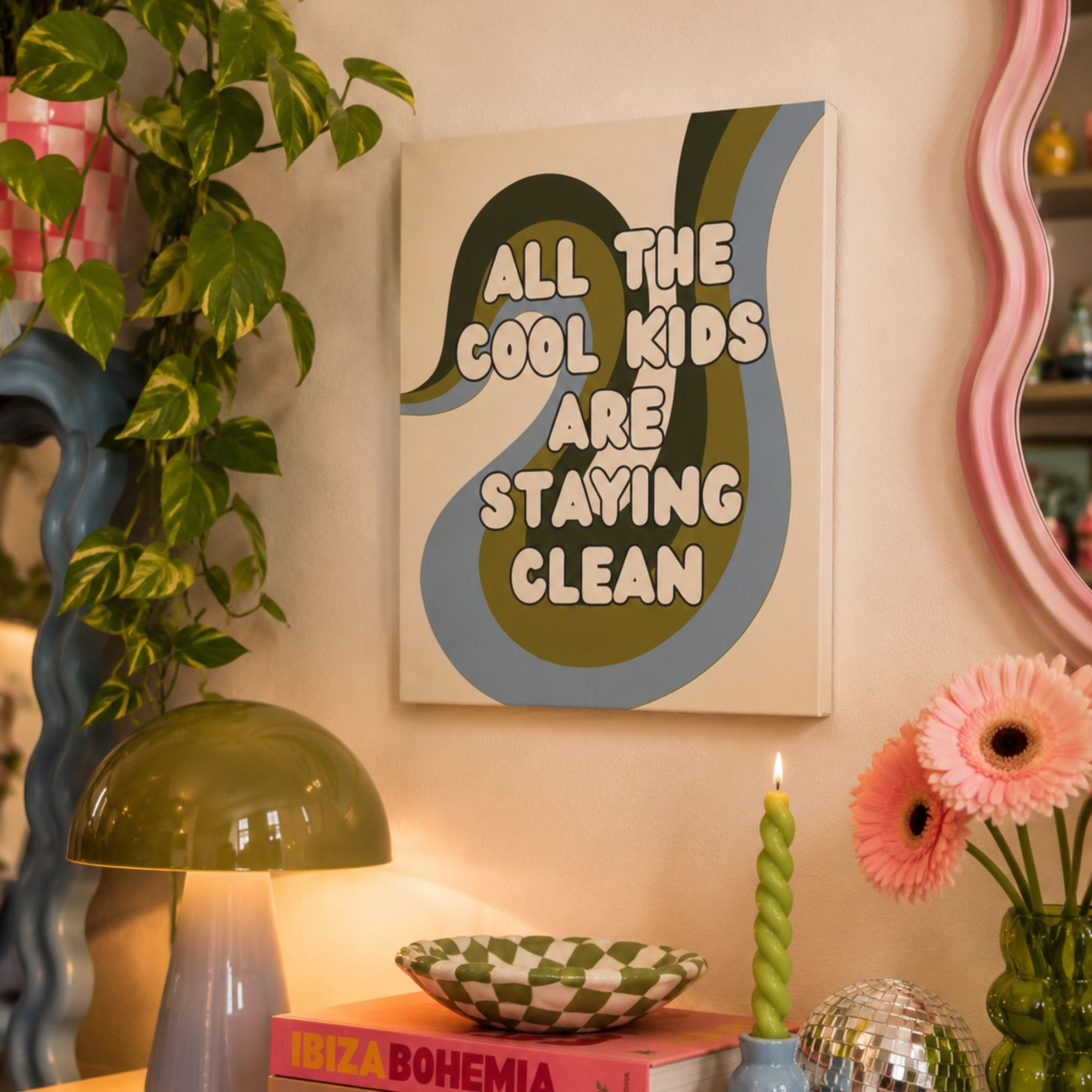 Funny retro recovery canvas wall art that reads 'all the cool kids are staying clean.'