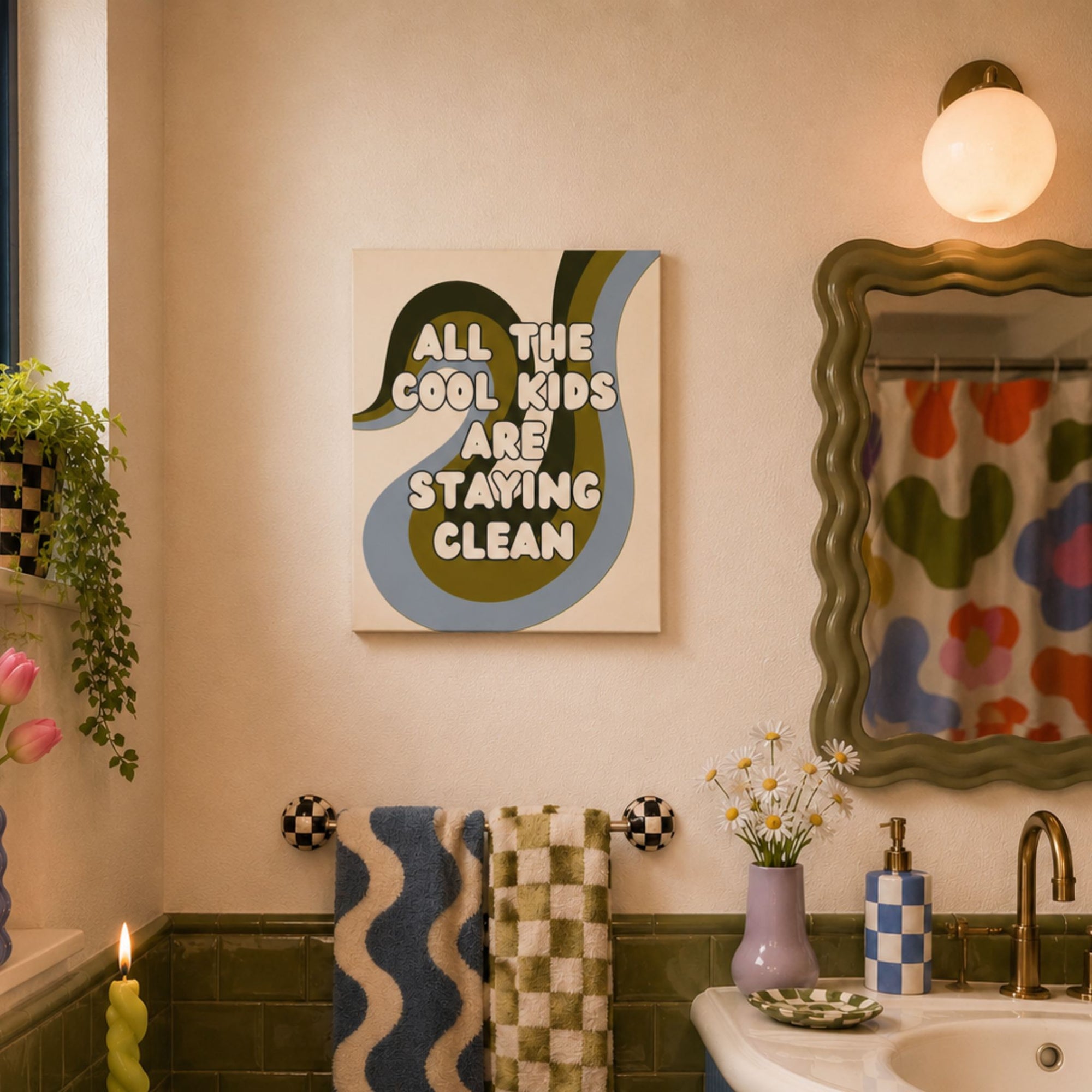 Funny retro recovery canvas wall art that reads 'all the cool kids are staying clean.'