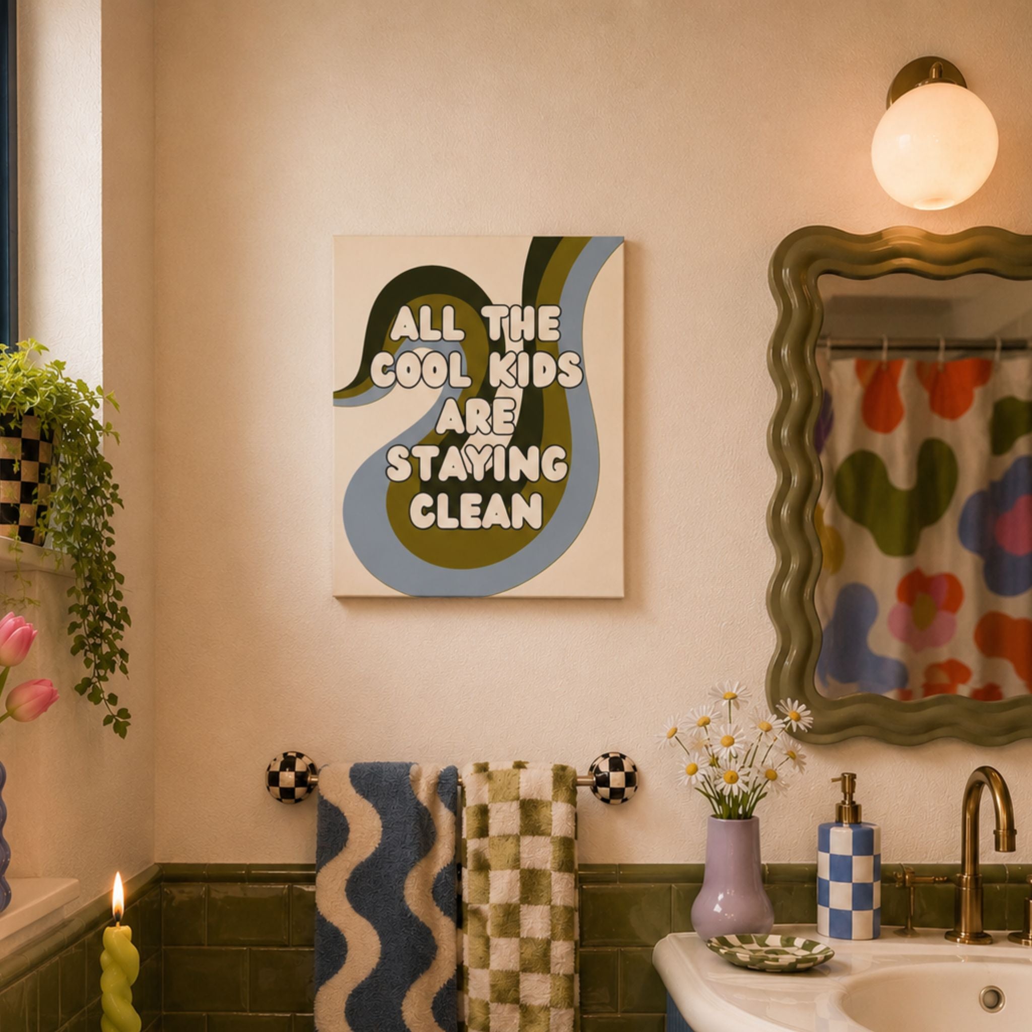 Funny retro recovery canvas wall art that reads 'all the cool kids are staying clean.'