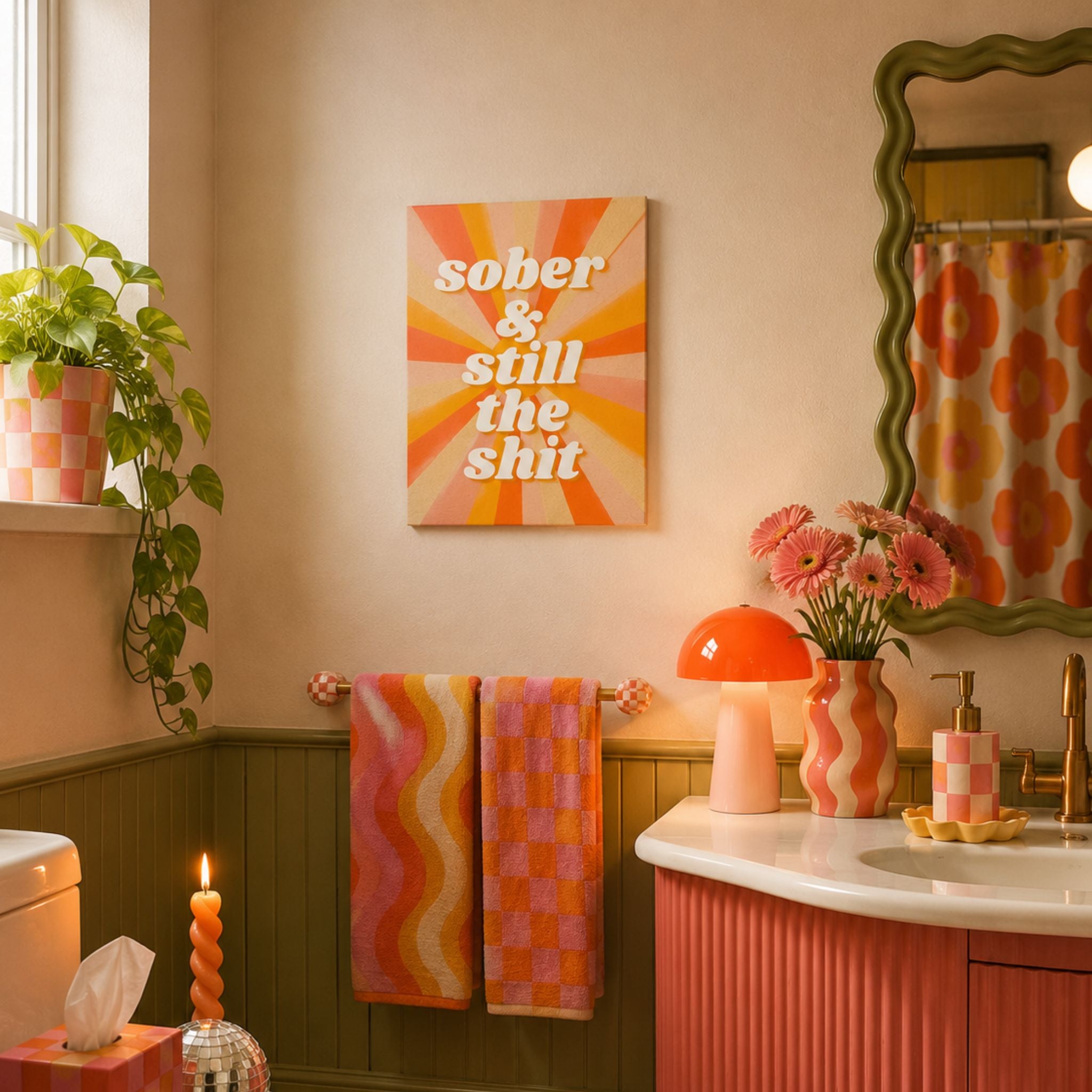 Funny sobriety canvas wall art with a retro sunburst that reads 'sober and still the shit.'
