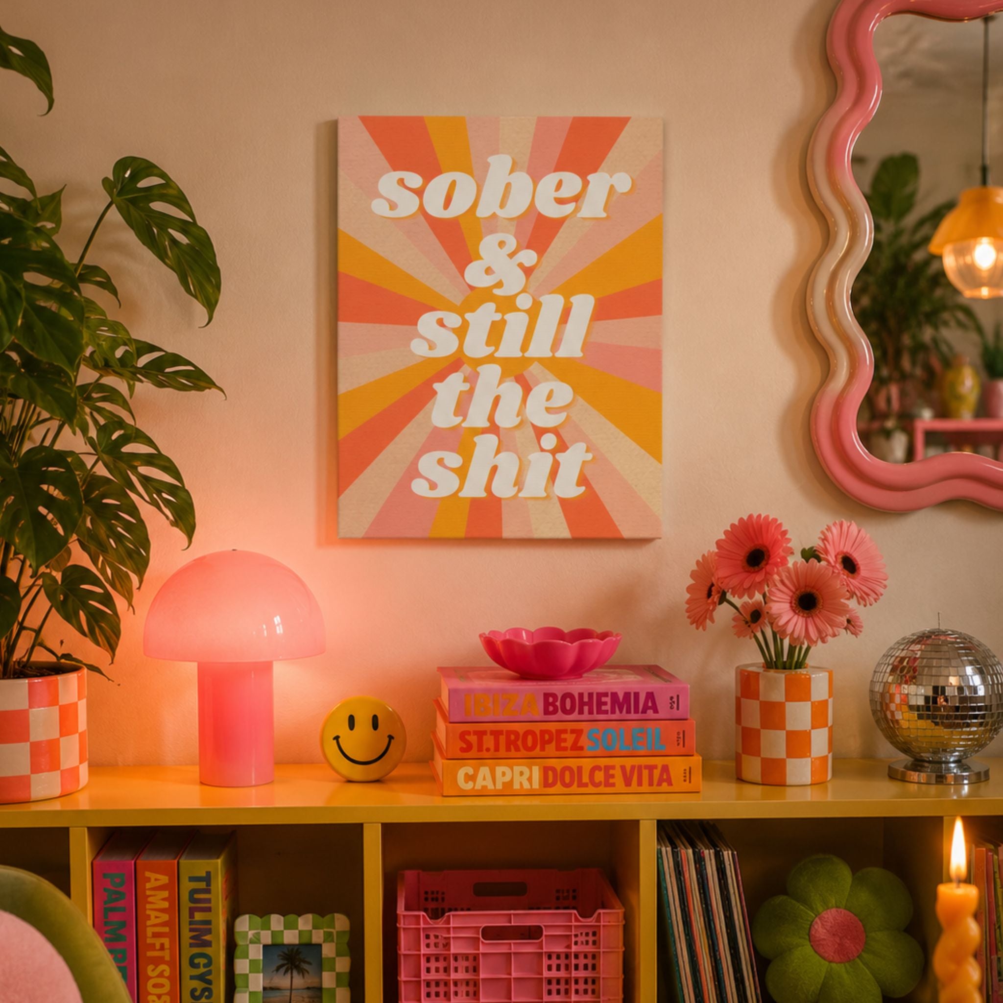Funny sobriety canvas wall art with a retro sunburst that reads 'sober and still the shit.'