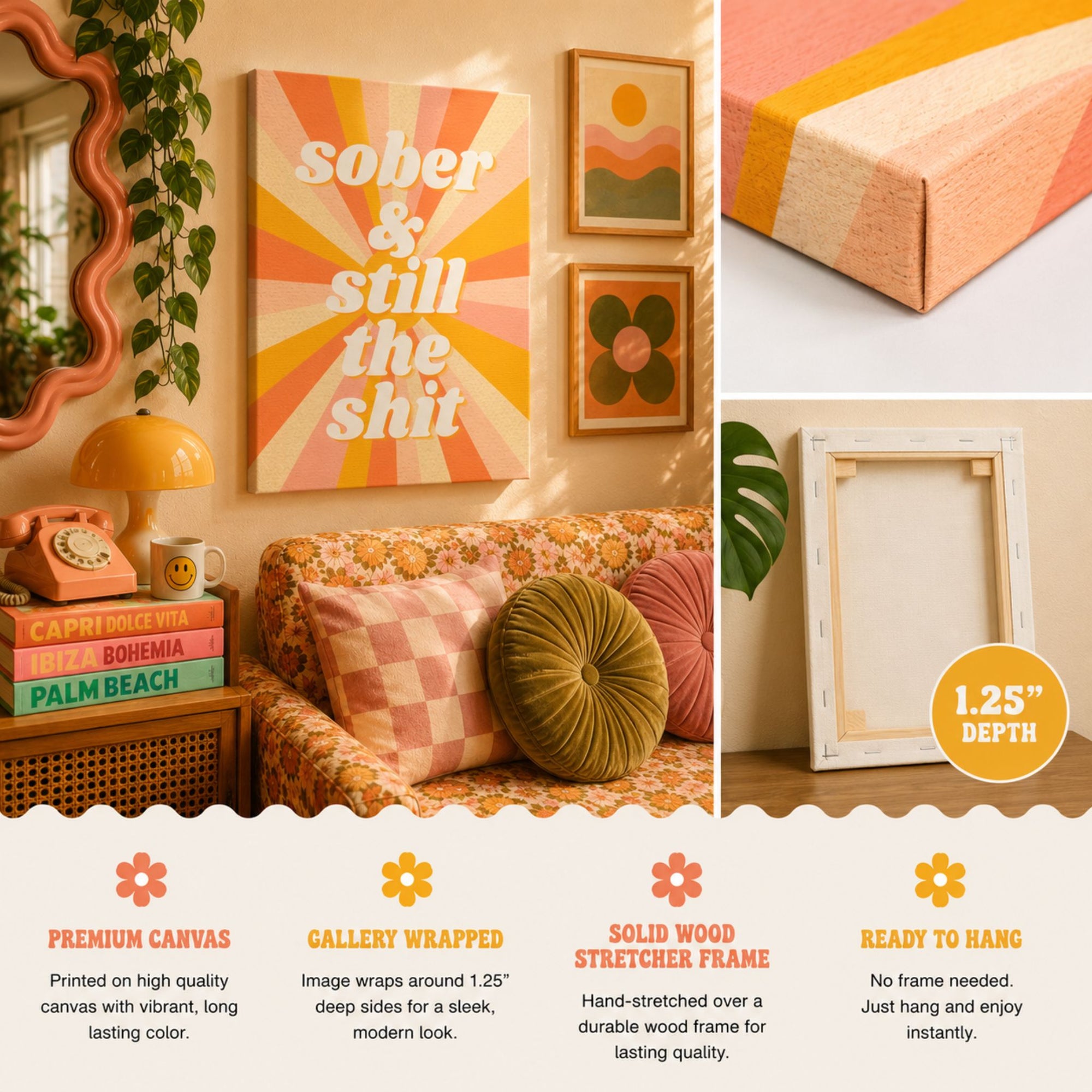 "Sober & Still the Shit" Retro Sunburst Canvas | Funny Sobriety Wall Art