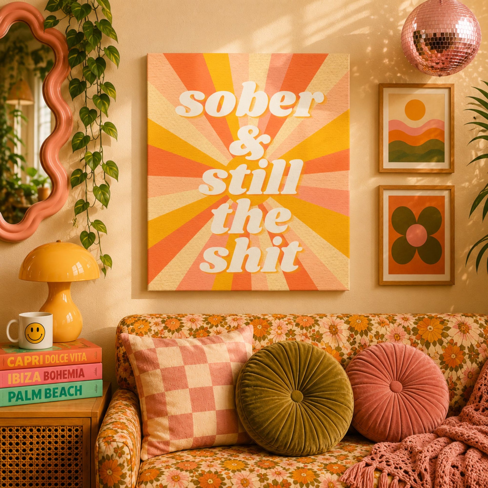 "Sober & Still the Shit" Retro Sunburst Canvas | Funny Sobriety Wall Art