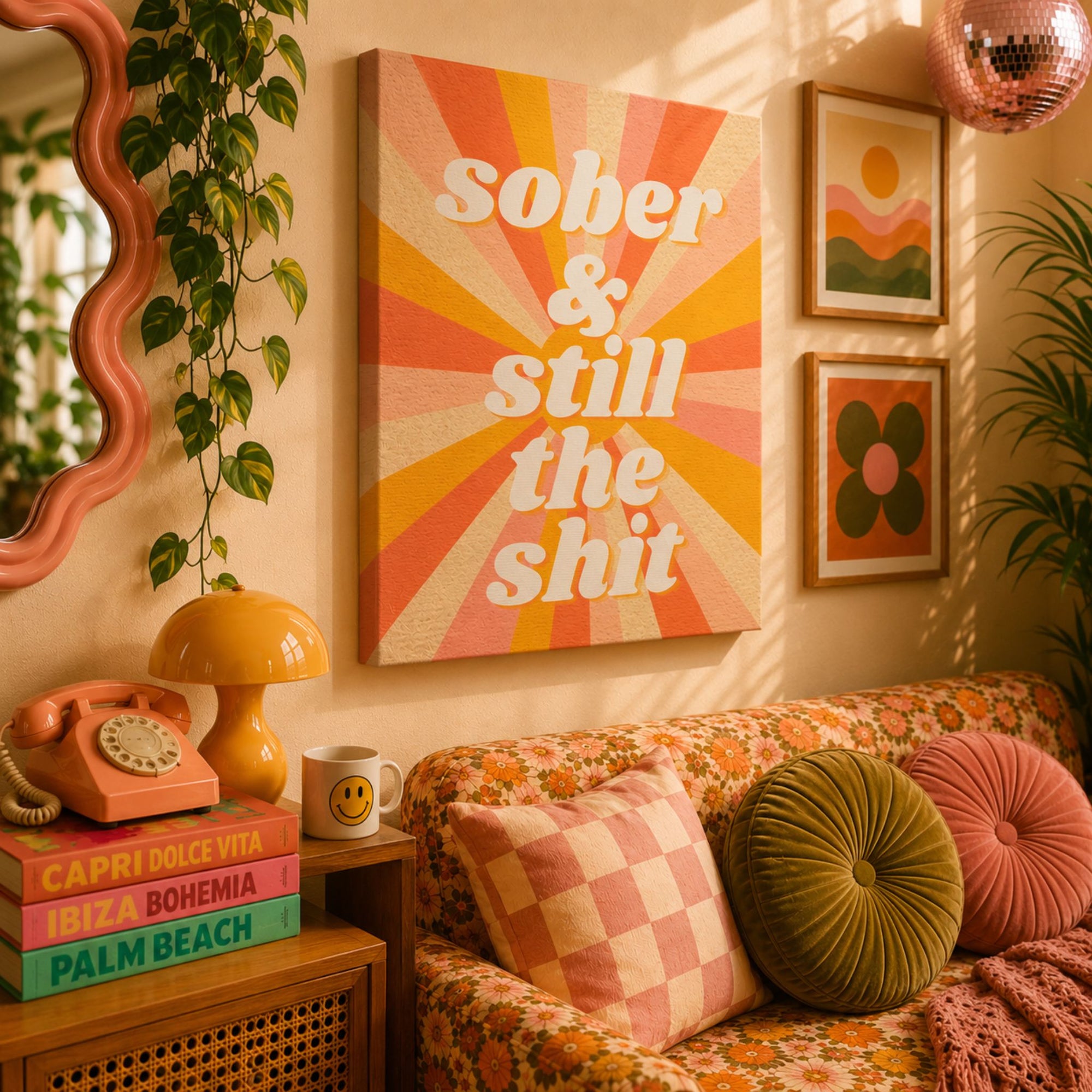 "Sober & Still the Shit" Retro Sunburst Canvas | Funny Sobriety Wall Art