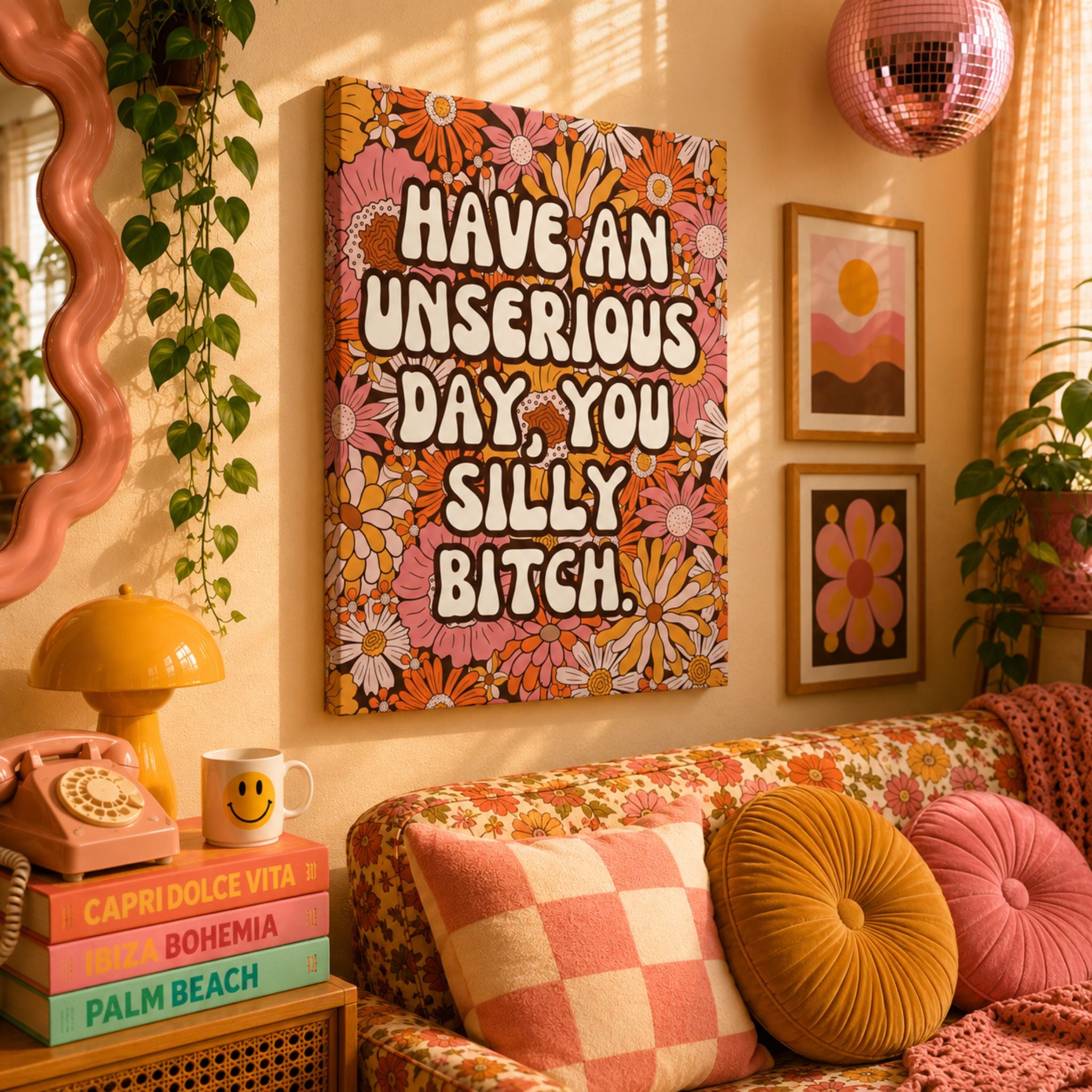 "Have an Unserious Day You Silly Bitch" Retro Floral Canvas Wall Art