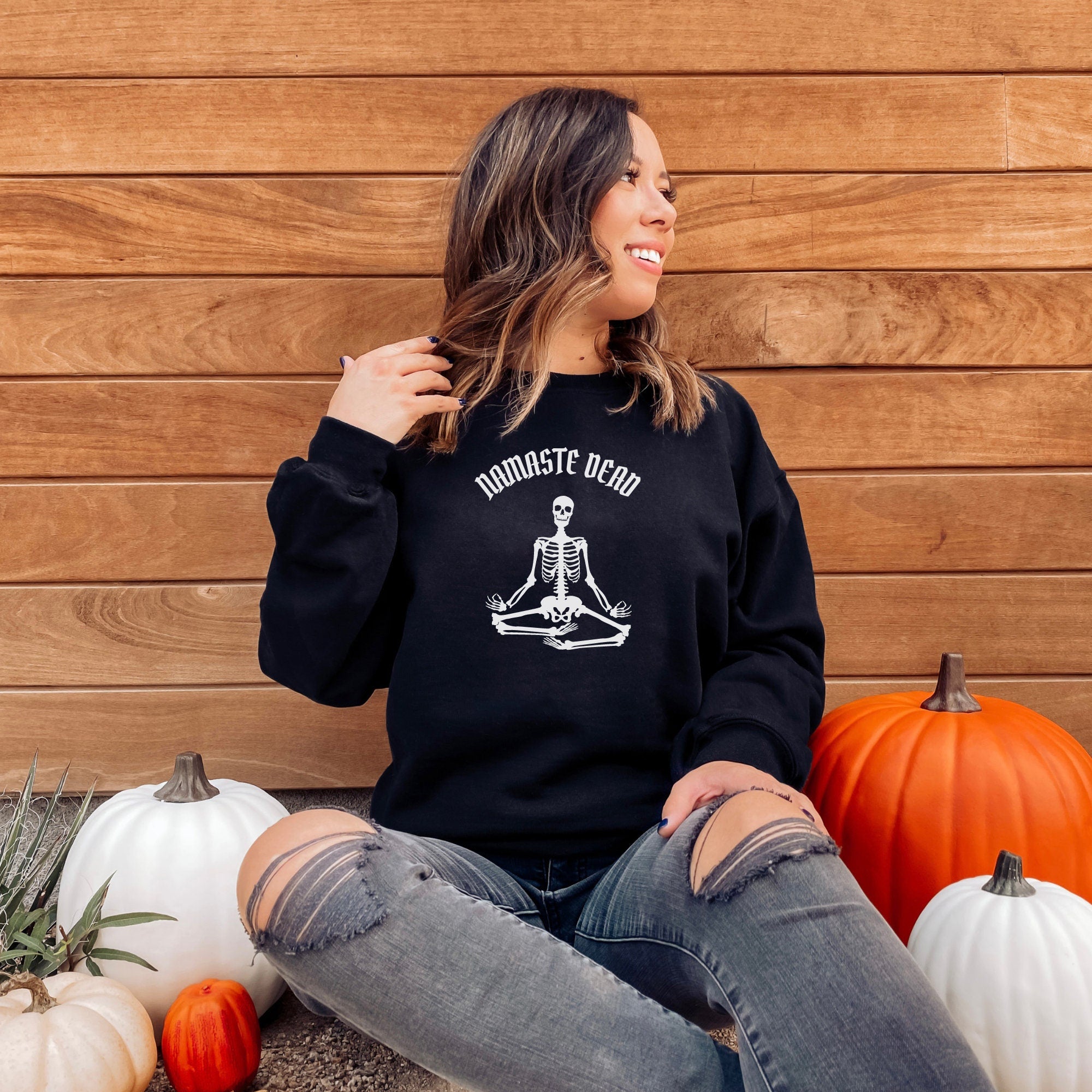 Namaste Dead Crewneck Sweatshirt | Meditating Skeleton | Namaste Sweatshirt | Funny Halloween Sweatshirt for Her | Cute Halloween Shirts